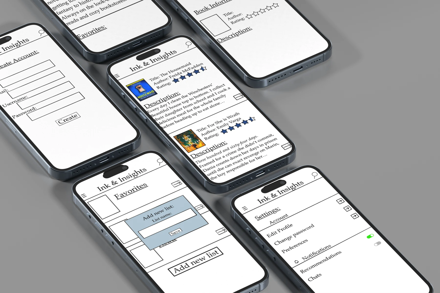 Ink and Insights book app wireframes on phone mockups