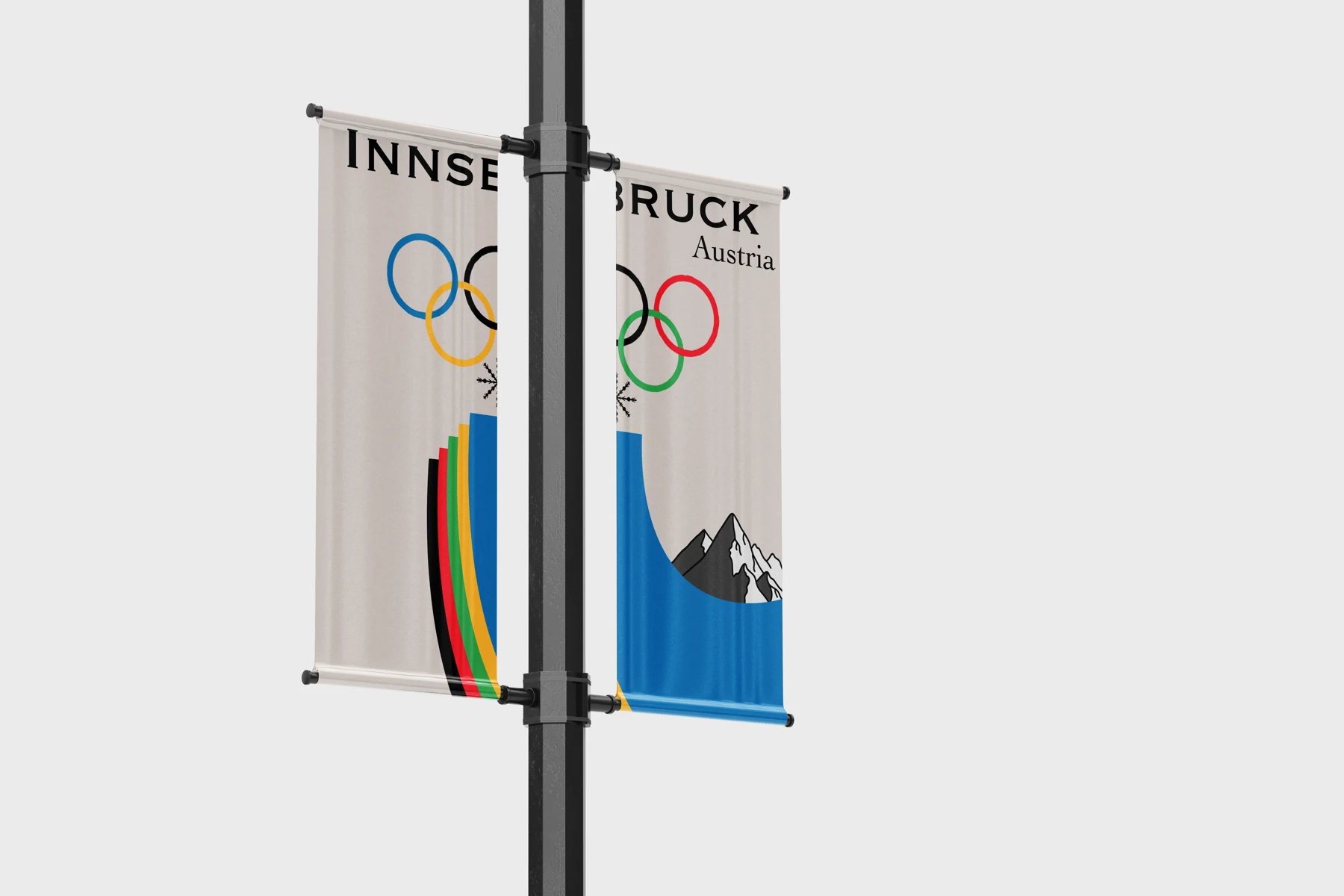 Winter Olympics concept banners on a street pole
